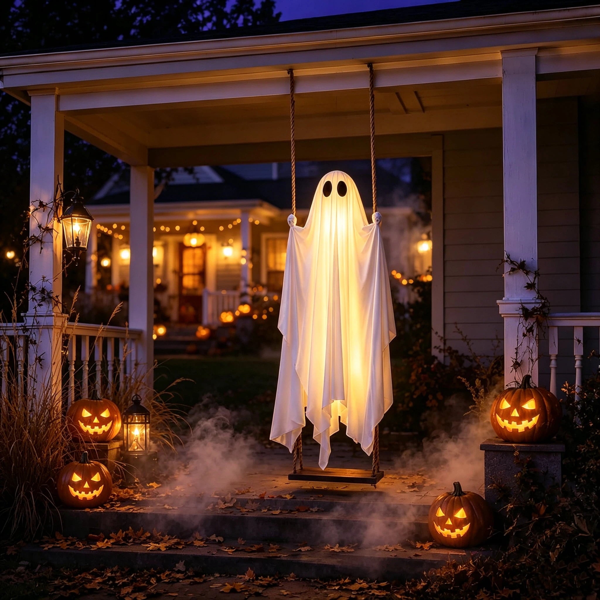 Halloween Light-Up Ghost Decorations Outdoor - 6.5 FT - 8 Sounds Gaint Hanging Swing Ghost Halloween Decoration, Spooky Cute Ghosts Decorations for Front Porch Yard Tree