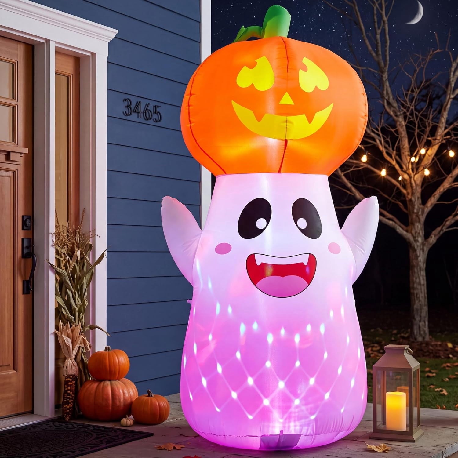 Joyfy 5Ft Halloween Inflatable Pumpkin Ghost with Colorful LED Lights,Halloween Blow Up Cute Decor for Indoor Outdoor Holiday Yard Decoration