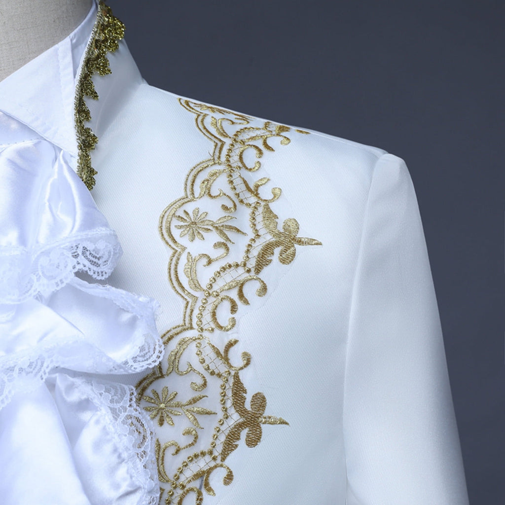Odeerbi Mens Steampunk Tailcoat Gothic Medieval Gold Embroidery Jacket Halloween Tuxedo Coat Frock Uniform European Court Performances Prince Uniforms Coat White
