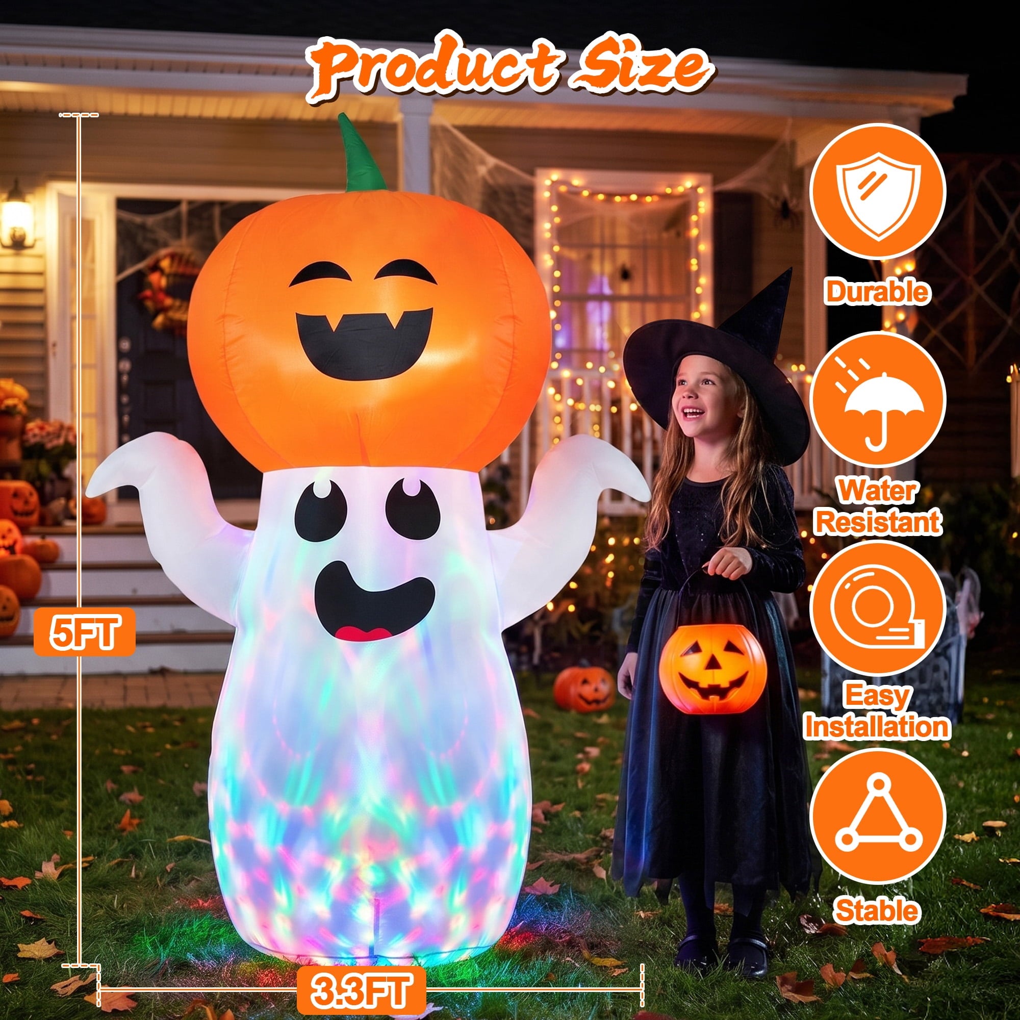 GVDV 5Ft Halloween Inflatable Pumpkin Ghost with 360° Rotating Colorful LED Lights, Cute Indoor/Outdoor Decor for Party, Yard, Lawn