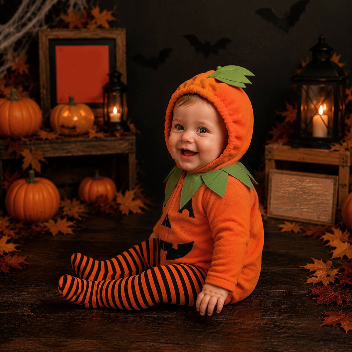 Newborn Infant Cute Jack-O-Lantern Costume Halloween Bodysuit and Striped Leggings Set Fall Holiday Fancy Dress Up Outfit for Boys Girls Party Festival