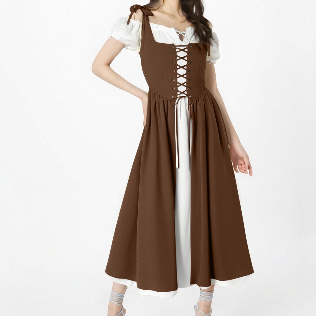 QATAINLAV Renaissance Costume Women Vintage Medieval Dress Cold Shoulder Short Sleeve Peasant Pirate Irish Maxi Dresses, Black, L