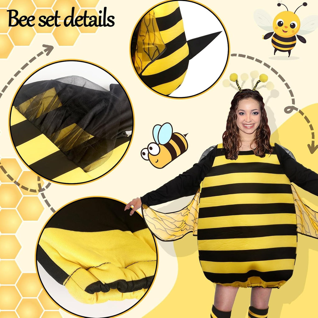 4 PCS Adult Bee Costume Bumble Bee Costume for Women Queen Bee Costume with Headpiece and Stockings