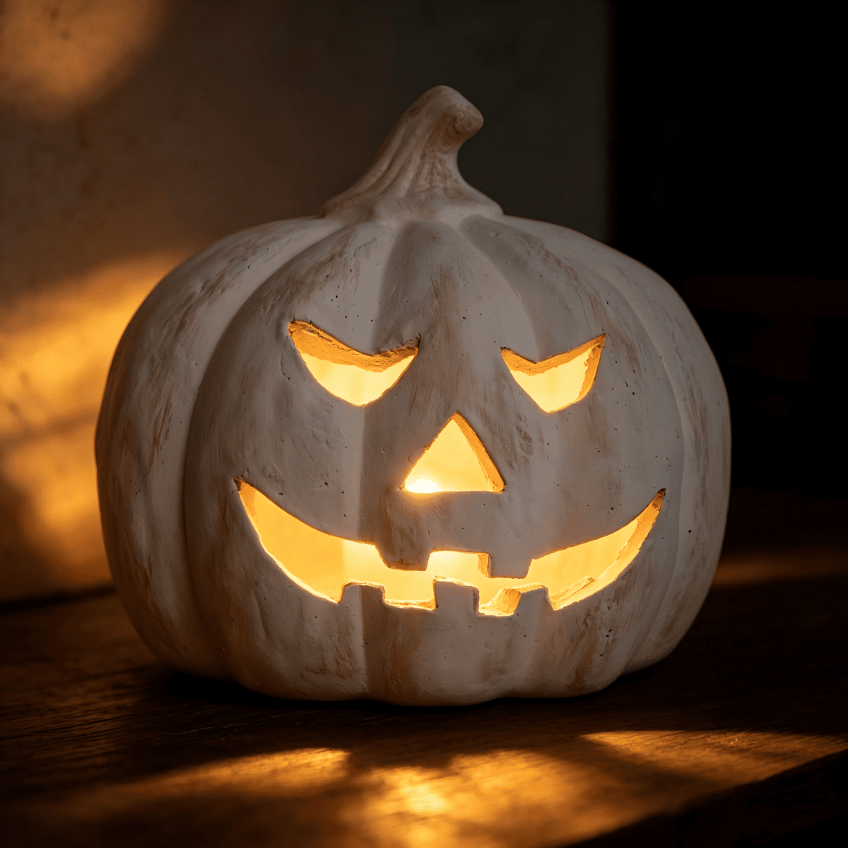 Fall Decorations for Home - Halloween Decor Indoor - 7.87" H White Handmade Resin Pumpkin Jack O' Lantern with Flameless Candle - Outdoor Decoration for Front Door Porch Mantel Kitchen Living Room