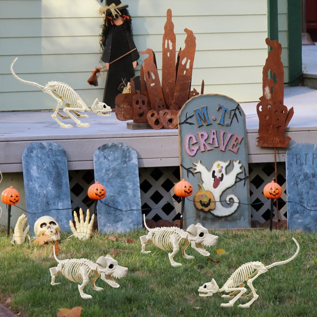 Halloween Animal Skeletons Cats Dog Skeletons Pose-N-Stay Plastic for Yard Garden Lawn Halloween Party Favors Decoration 2-Pack