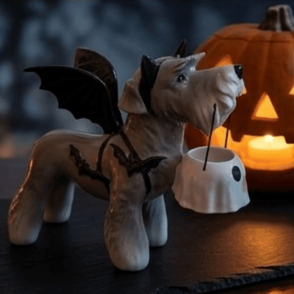 Halloween Dog Greeter - Frenchie 7.9in Resin Witch Dog with Light-Up Pumpkin, Spooky Fall Decor, Indoor Outdoor Tabletop Decoration