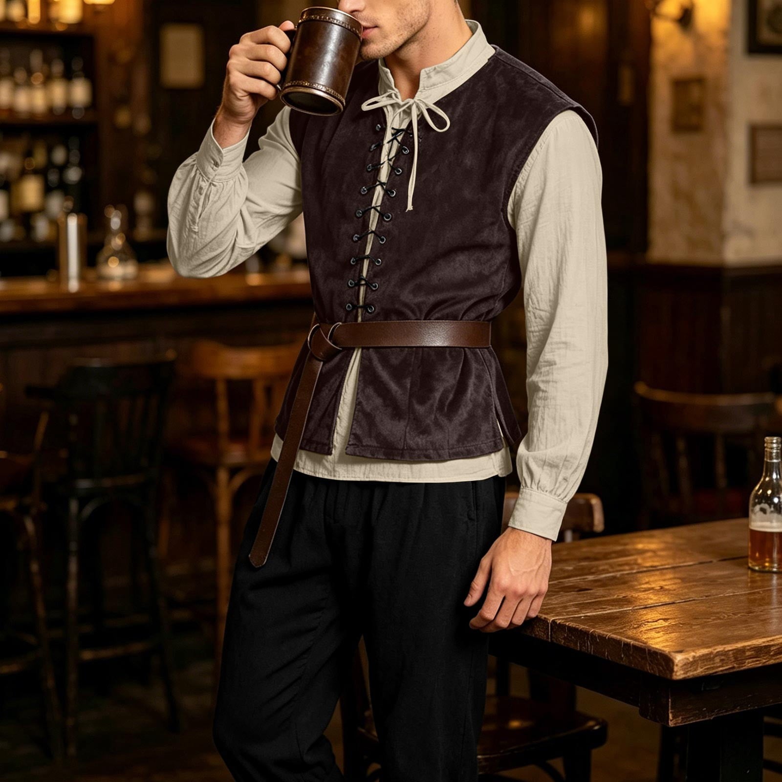 Ceisia Medieval Renaissance Outfit For Men Lace Up Waistcoat Long Sleeve Shirt Lace Trousers With Matching Belt Halloween Pirate Halloween Gift