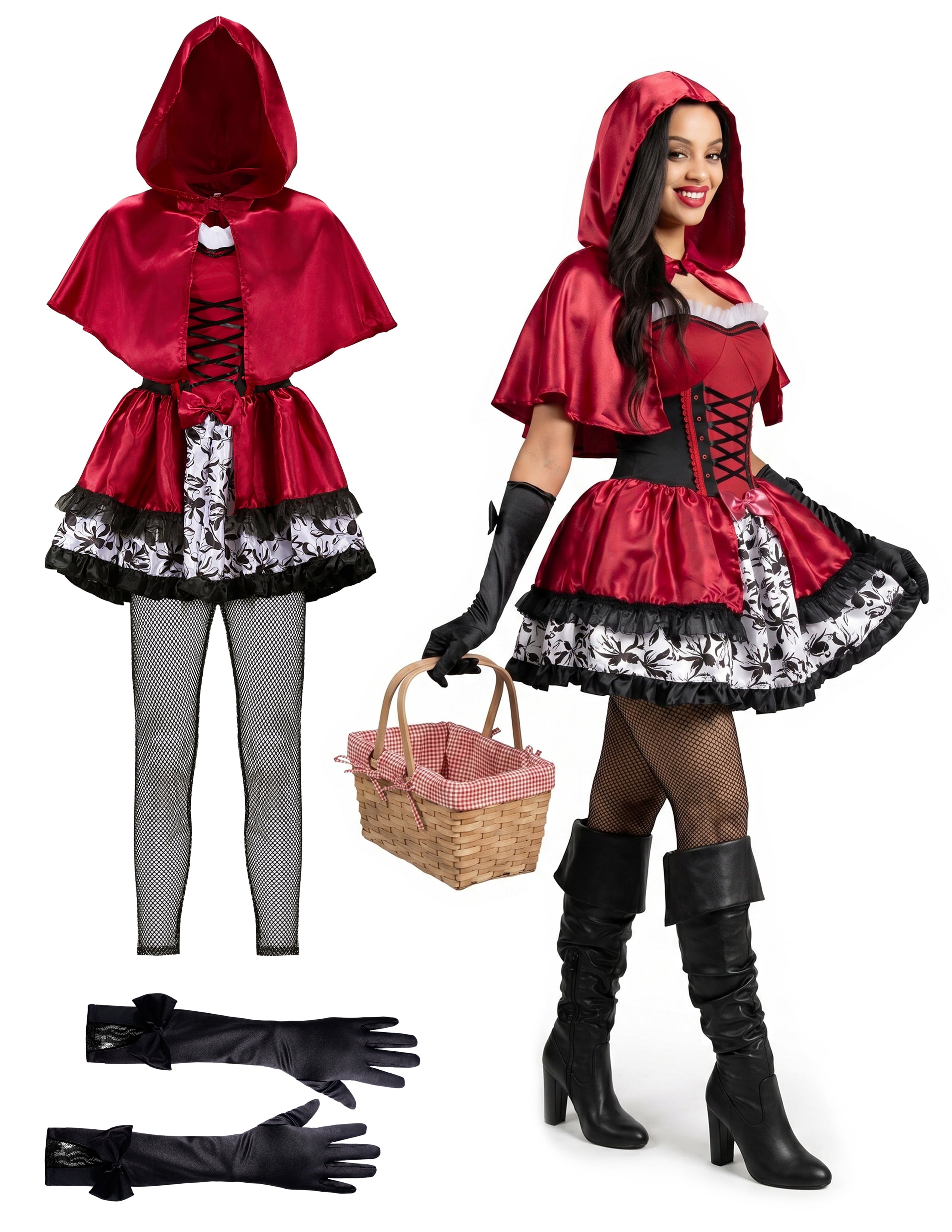 Joyfy Women Little Red Riding Hooded Costume with Dress, Cape and Gloves Outfits Set, Adult Women Halloween Costume for Halloween Themed Party Cosplay
