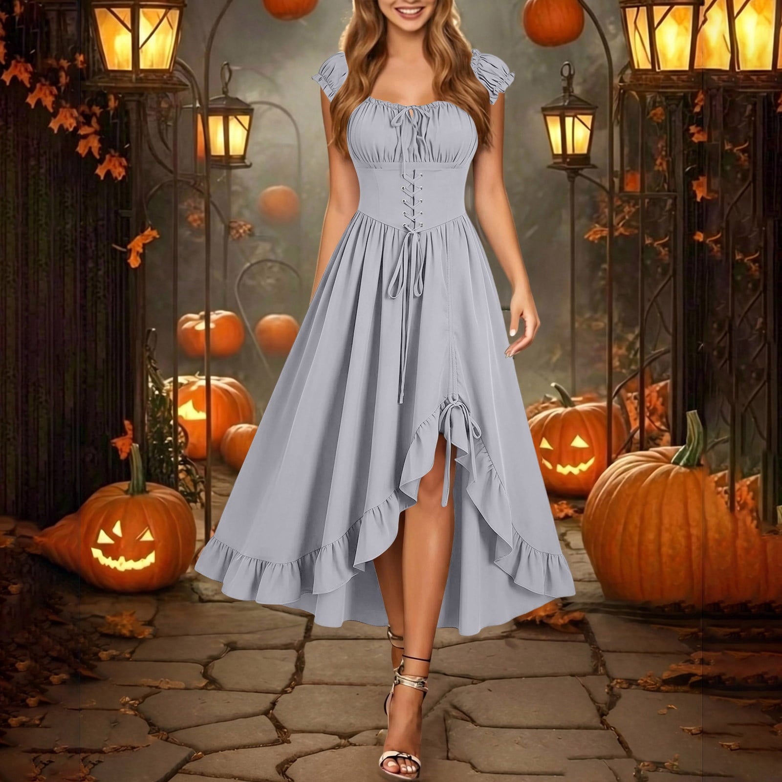 Gothic Dresses for Women Medieval Renaissance Halloween Costume Lace Up Corset High Low Ruffle Hem Square Neck Vintage Gown