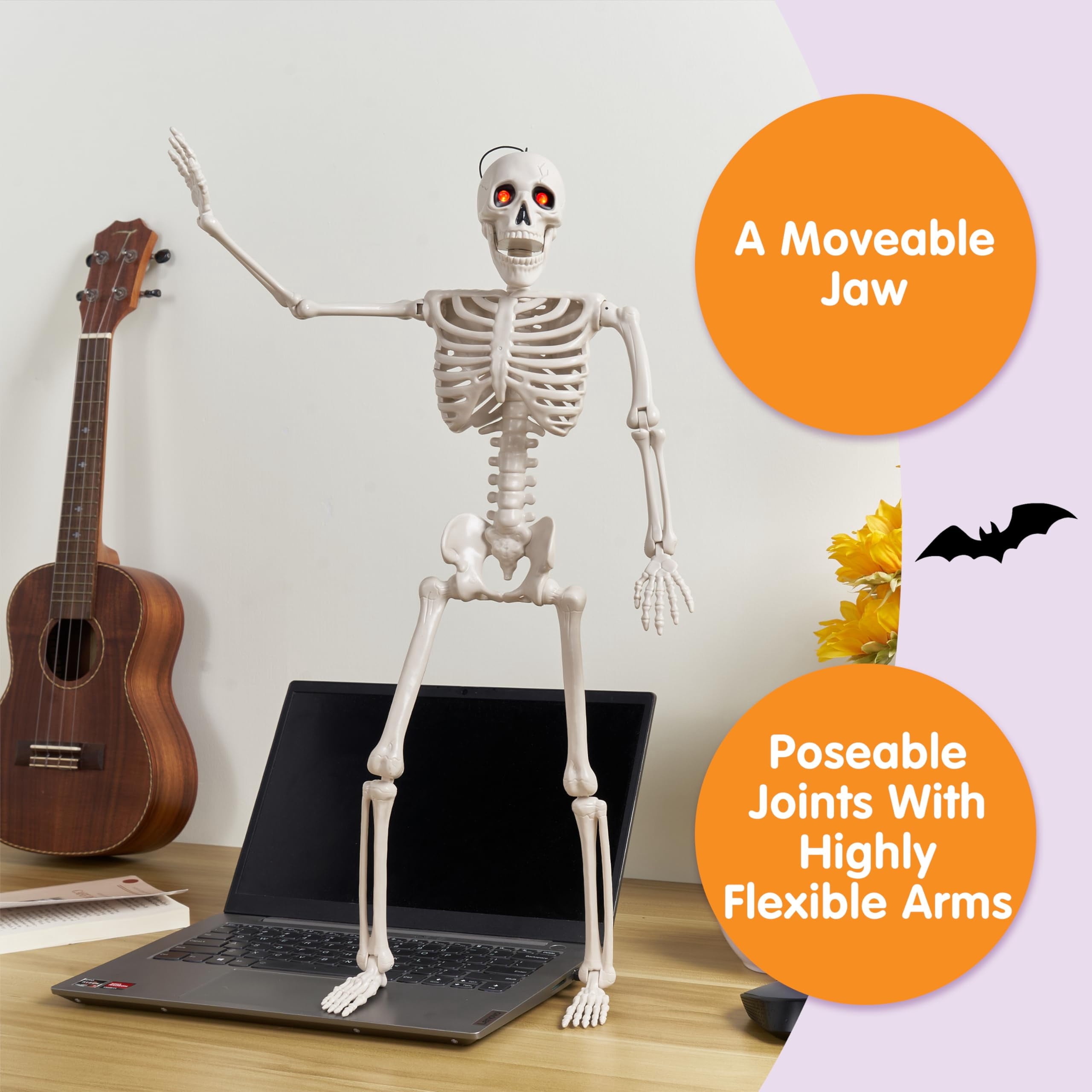Joyfy 24 Inch Halloween Skeleton Decor with LED Light Eyes,Posable Skeleton Halloween Prop Full Body with Movable Joints for Haunted House Indoor Outdoor Decoration Spooky Decor