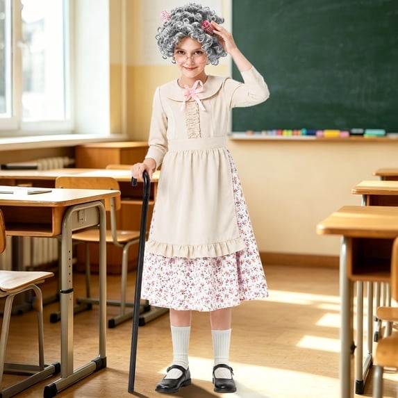 Girls Old Lady Costume 10Pcs Set - 100 Days of School Halloween Costume Grandma Dress Up Granny Outfit