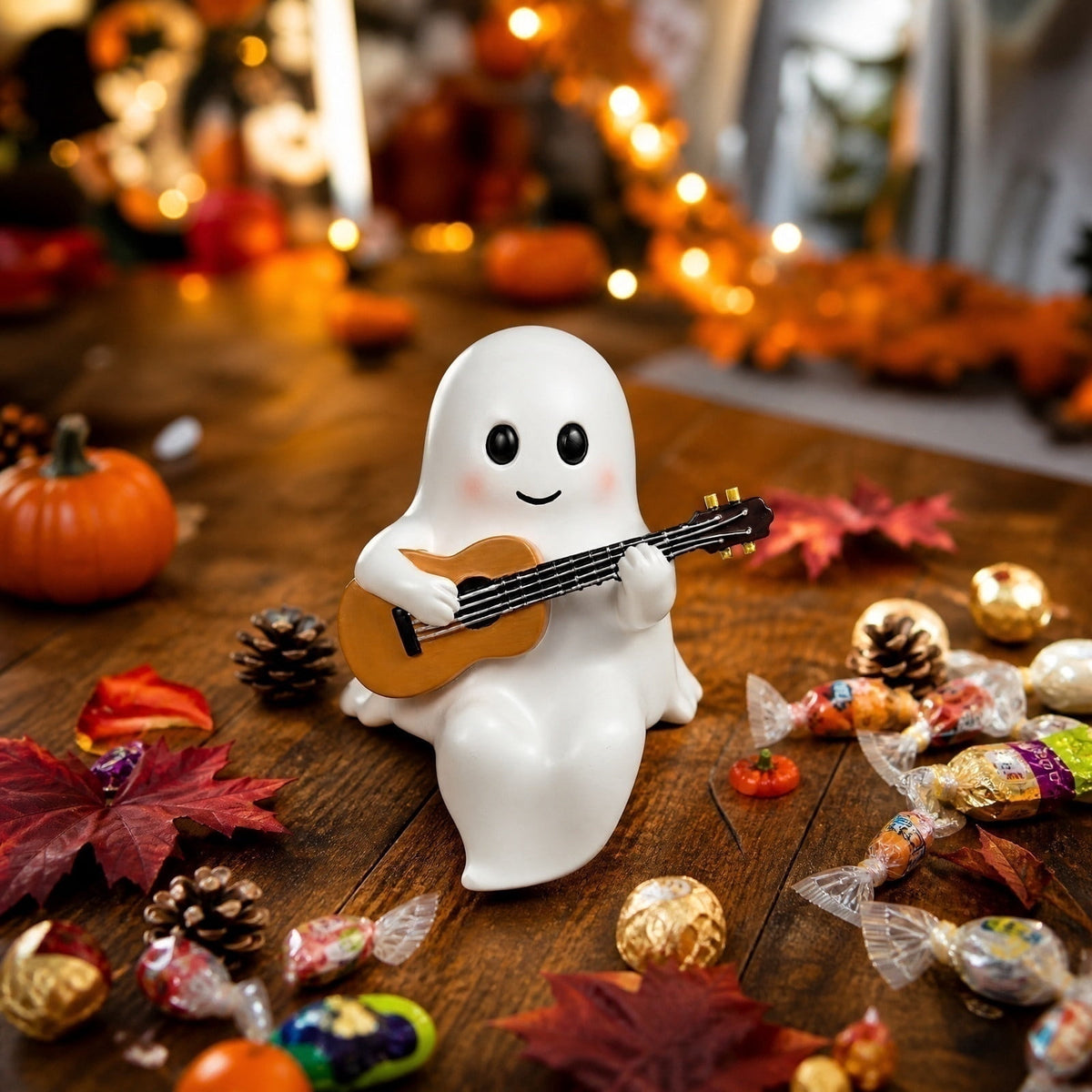 Clearance Ghost Night Light with Guitar USB Powered LED Lamp, Warm White Glow, Resin, Cute Kawaii Figurine, Bedroom Nightlight Gifts