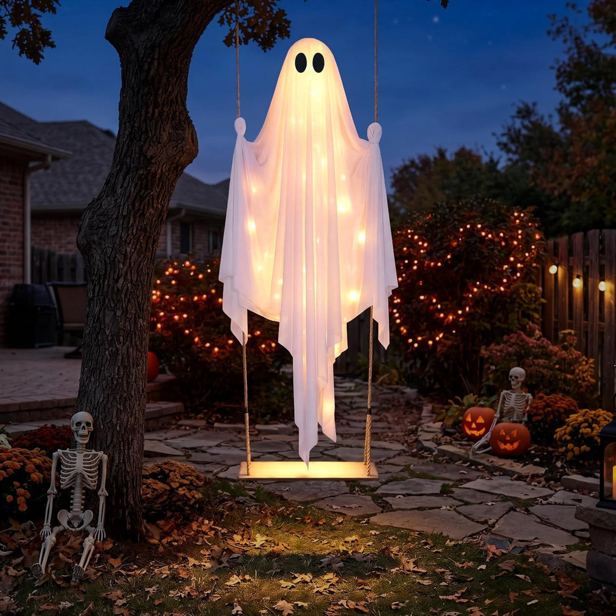 Joyfy 3 FT Halloween Hanging Swinging Skeleton,Light Up Creepy Grim Reaper with Black Hood Decorations for Halloween Hanging Decorations Indoor Outdoor Yard Home Decorations