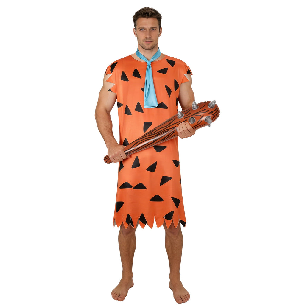 Halloween Men's Costume Adult Caveman Cartoon Style Outfit, Orange & Brown for Cosplay Family Parties