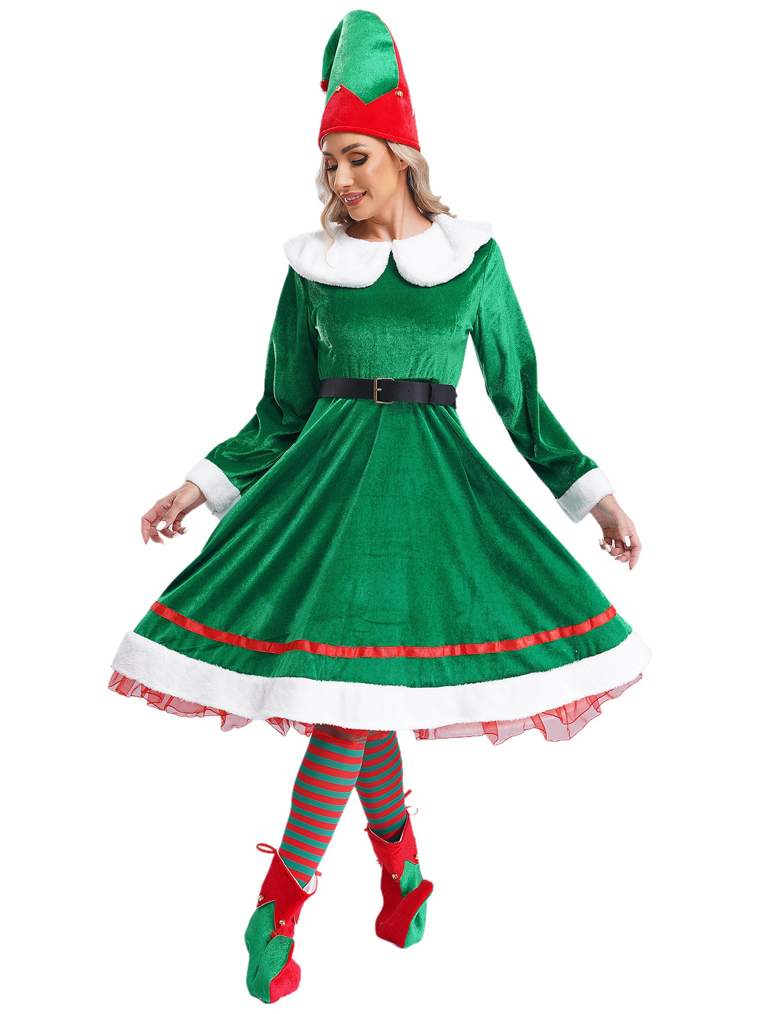 vastwit Womens Christmas Elf Dress Velvet Dress with Elf Hat Belt Striped Stockings Shoes Green L