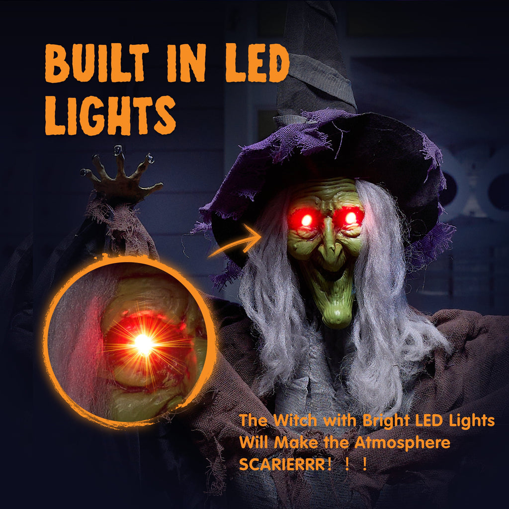 Joyfy 6ft Halloween Witch Decoration,Outdoor Scary Halloween Animatronic Hanging Witch with Light Up Eyes and Sound Decoration for Halloween Outdoor