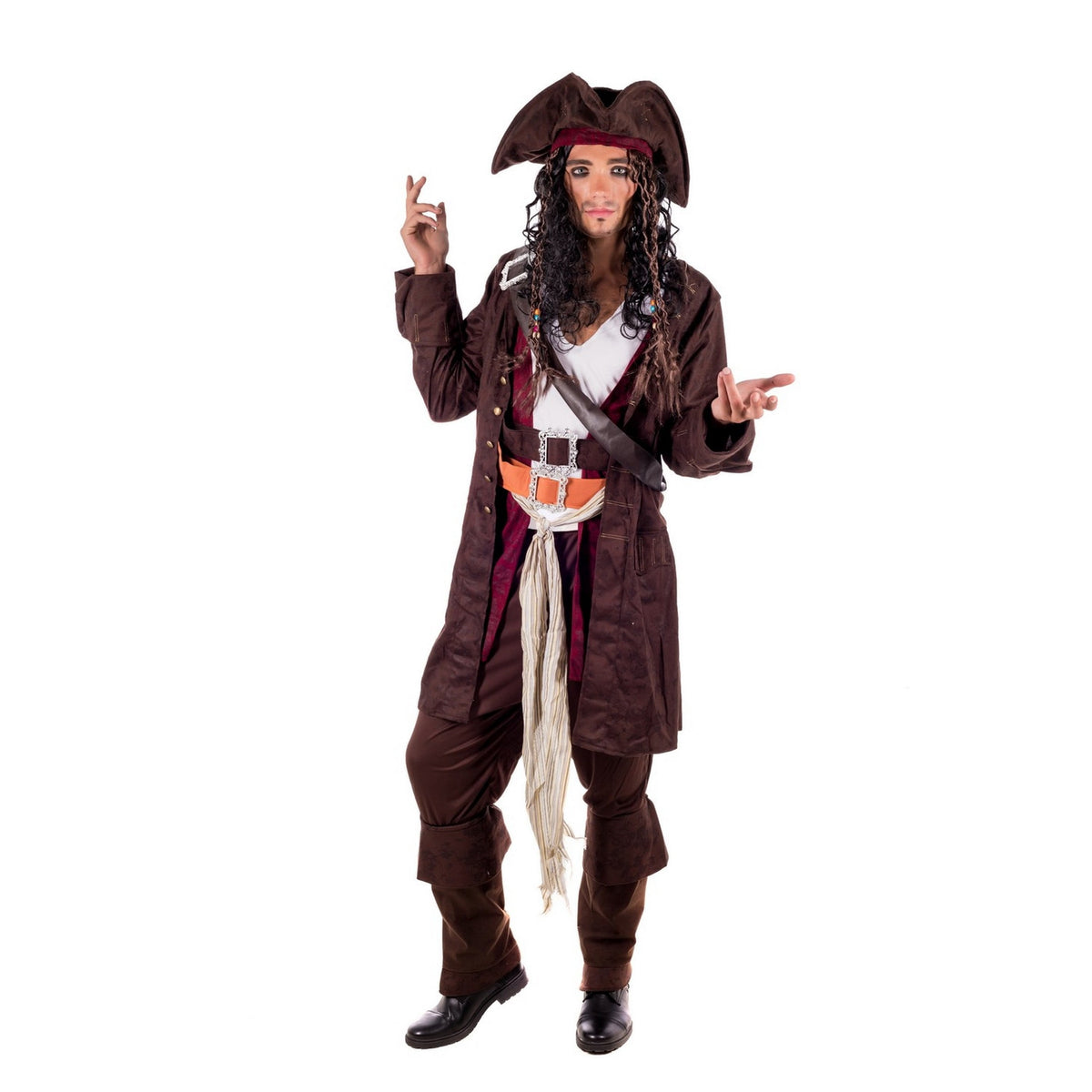 Fun Shack Mens Caribbean Pirate Captain Costume Hat Wig Movie TV Fancy Dress Theme Party Brown L