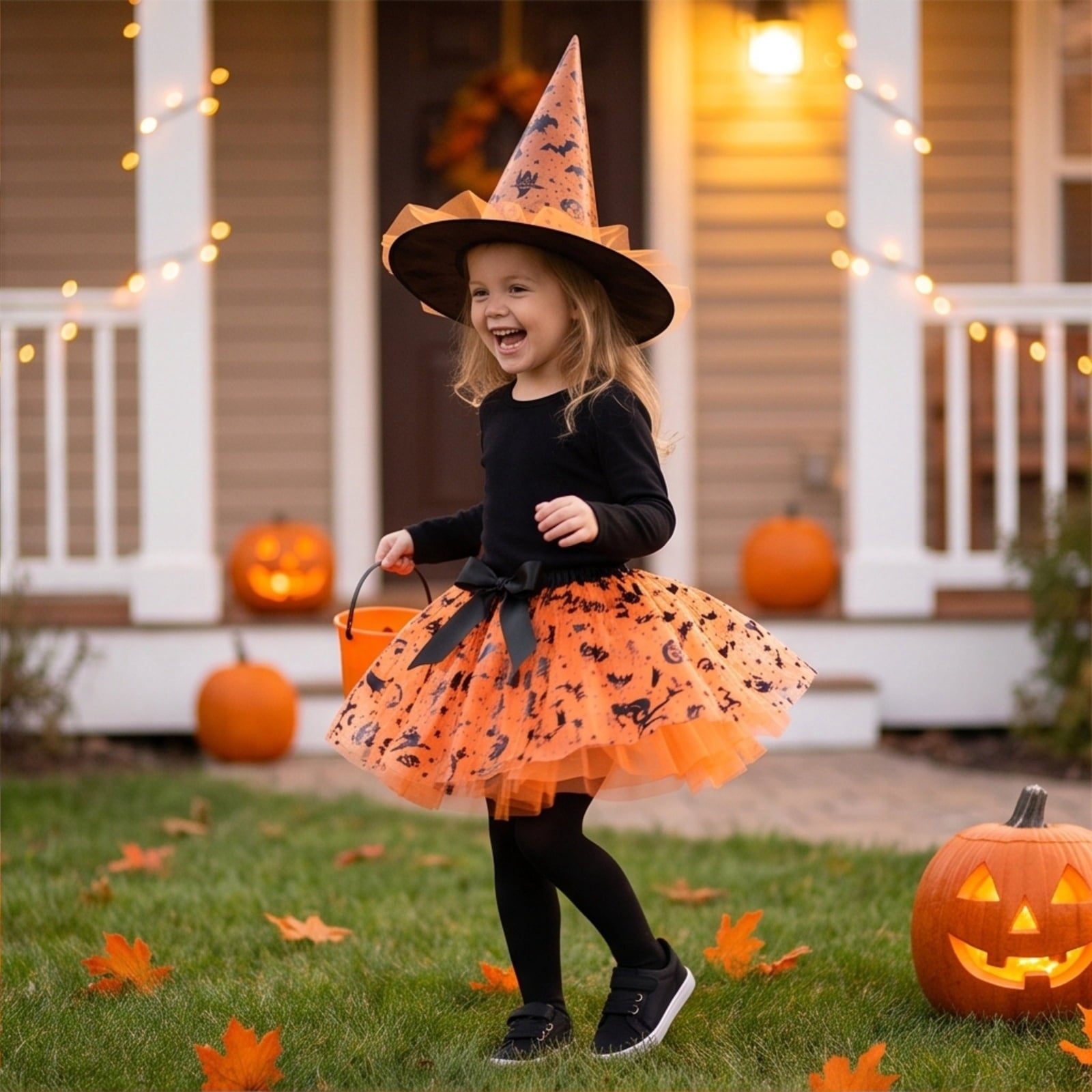 choiix Witch Tutu Skirt and Hat Set with Broomstick Halloween Costume Outfit with Printed Tulle Skirt and Witch Hat Cosplay Outfit for Party 100
