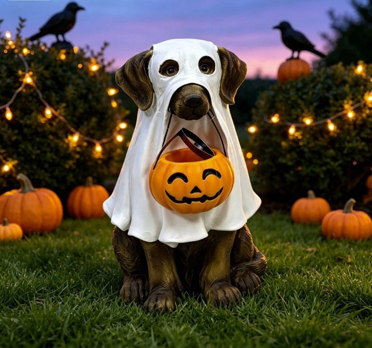 Halloween Dog Greeter - Frenchie 7.9in Resin Witch Dog with Light-Up Pumpkin, Spooky Fall Decor, Indoor Outdoor Tabletop Decoration