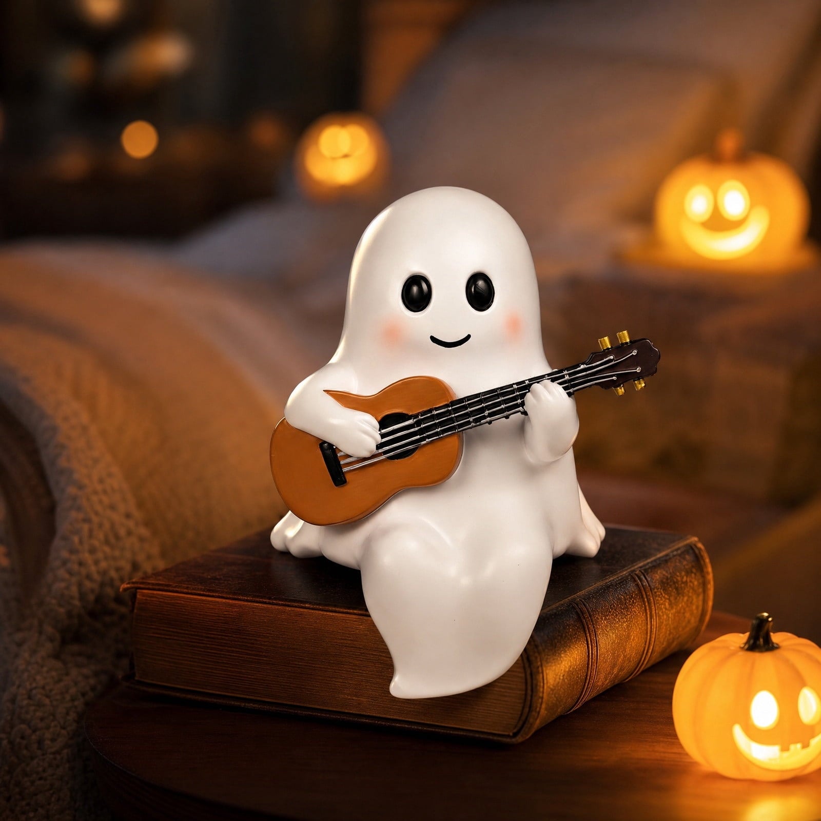 Clearance Ghost Night Light with Guitar USB Powered LED Lamp, Warm White Glow, Resin, Cute Kawaii Figurine, Bedroom Nightlight Gifts