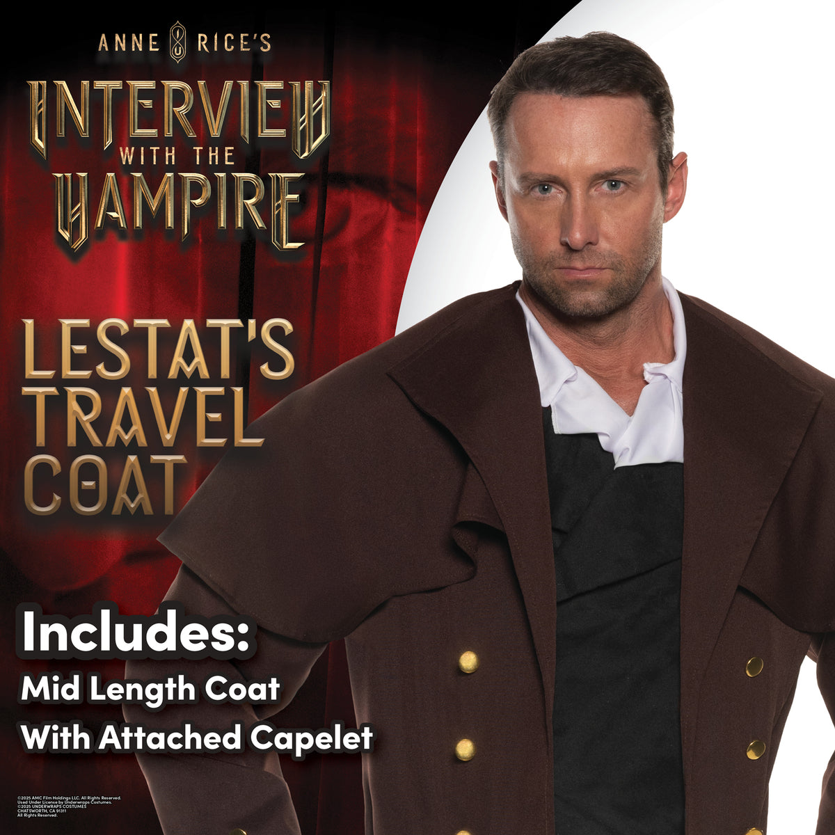 UNDERWRAPS Mens Victorian Travel Coat - Men's Renaissance Costume, Mid Length Coat With Attached Capelet, Steampunk Cosplay, Vampire Costume