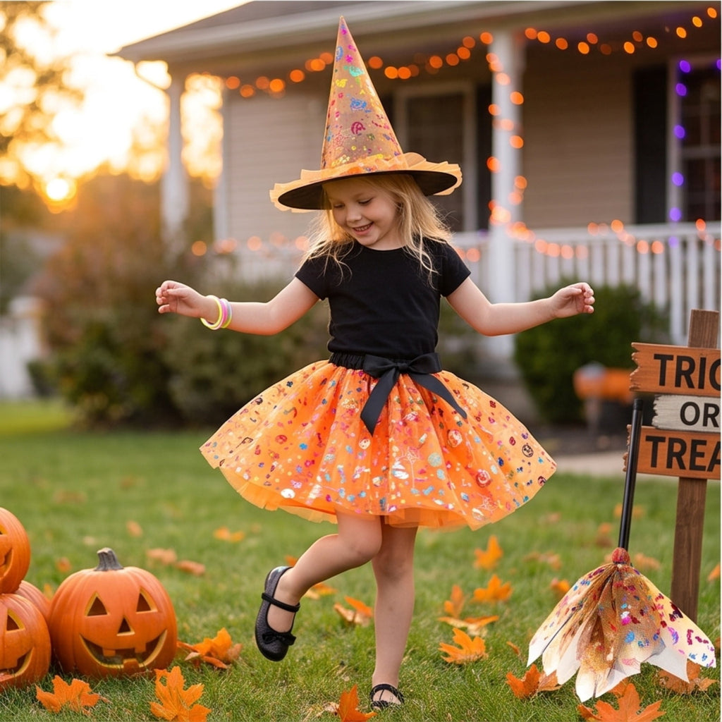 choiix Witch Tutu Skirt and Hat Set with Broomstick Halloween Costume Outfit with Printed Tulle Skirt and Witch Hat Cosplay Outfit for Party 100