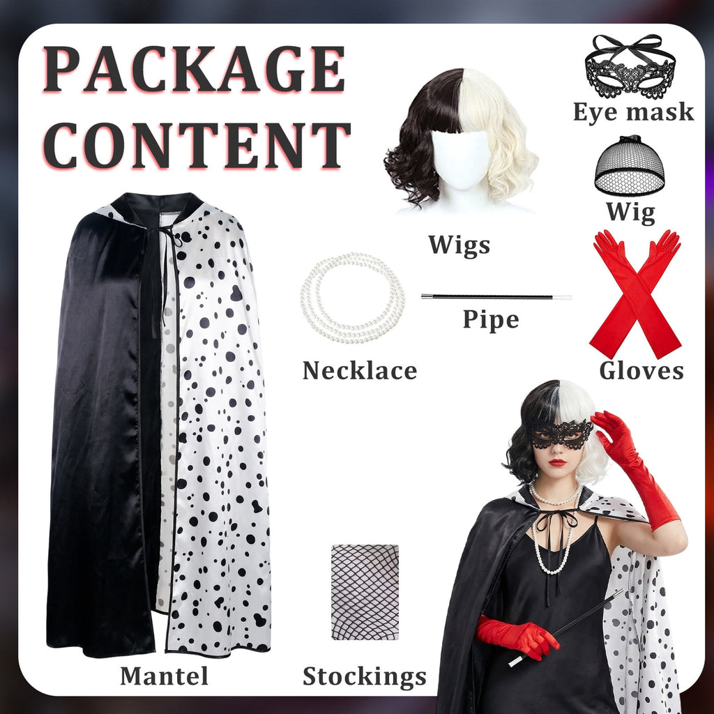 Forfamy De-Ville Costume Women,Black White Coat with Wigs Gloves Necklace, Womens Halloween Costumes