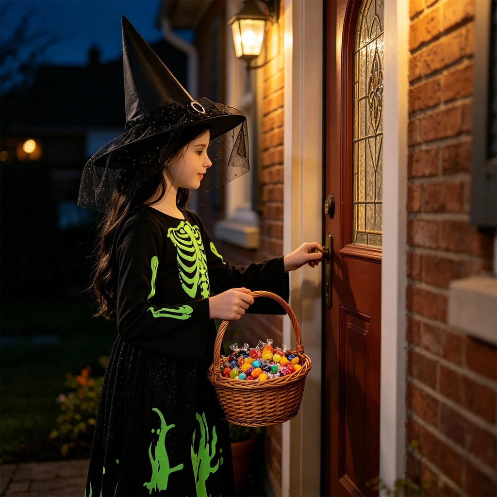Spooky Skeleton Costume for Kids, Glow in The Dark Halloween Bone Outfit for Boys and Girls, Creepy Role Play Cosplay Dress for 4-8 Years Old