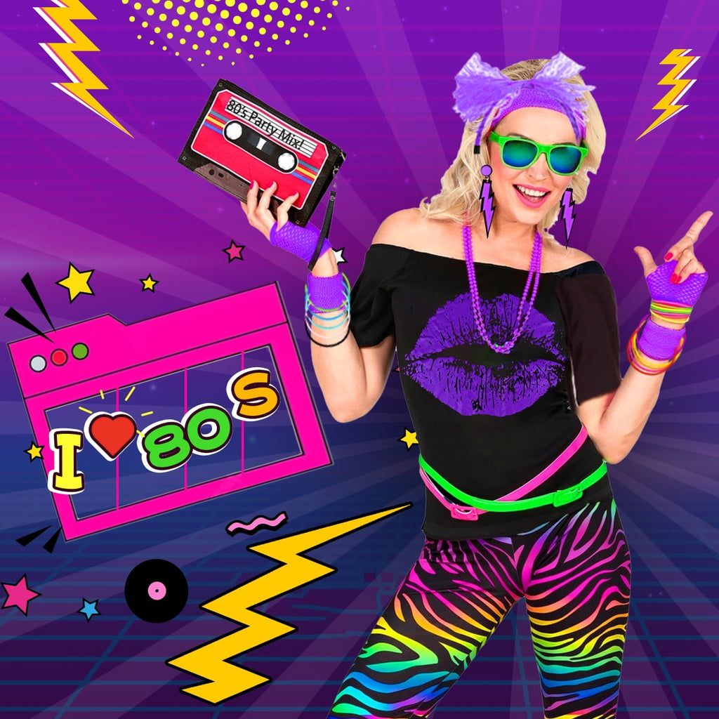 80s Costume for Women,80's Off Shoulder T-Shirt Headband Earring Necklace Fishnet Gloves Legwarmers for Women 80s outfit for 80s Party 22PCS