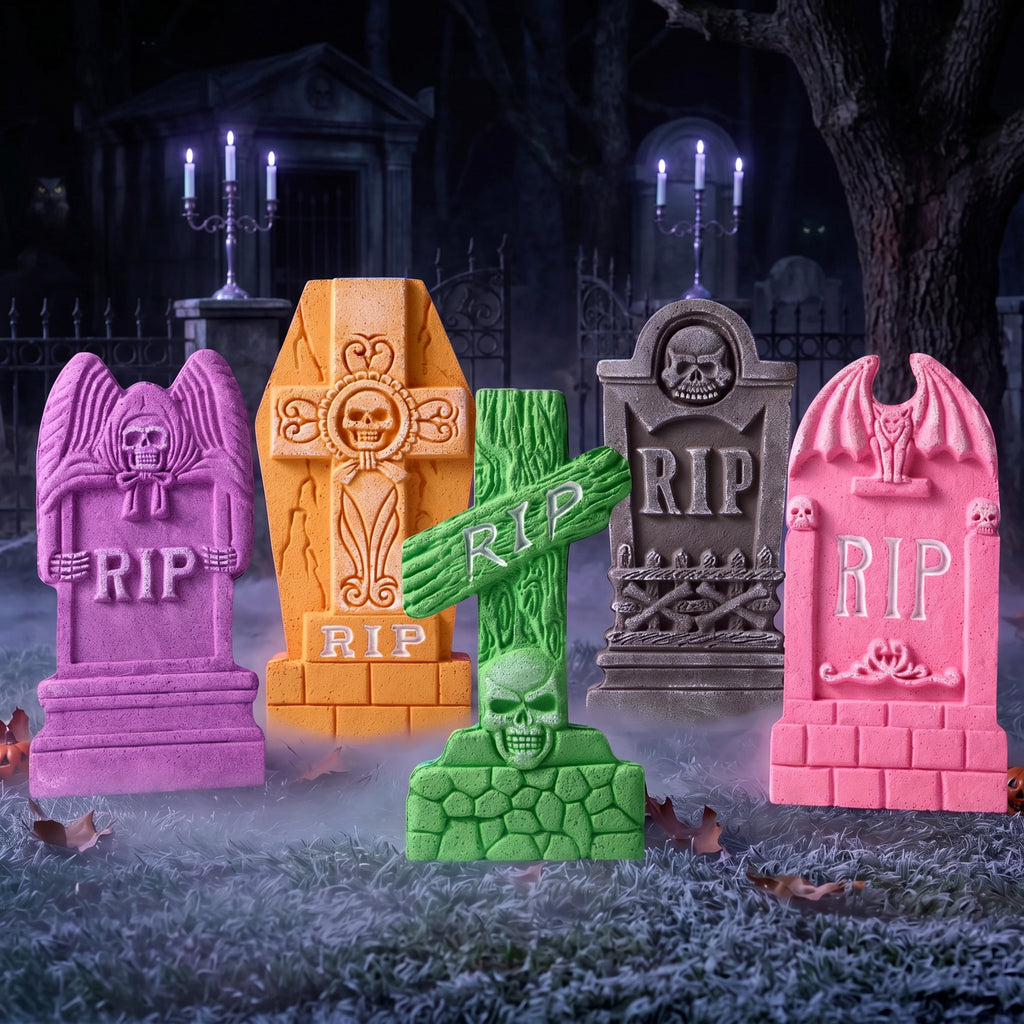 Joyfy 17" Halloween 5 Pack Tombstone Decorations, Foam RIP Graveyard Signs Cemetery Headstones Scary Outdoor Indoor Halloween Decor with 12 Metal Stakes for Easy Set Up, Waterproof for Garden Lawn