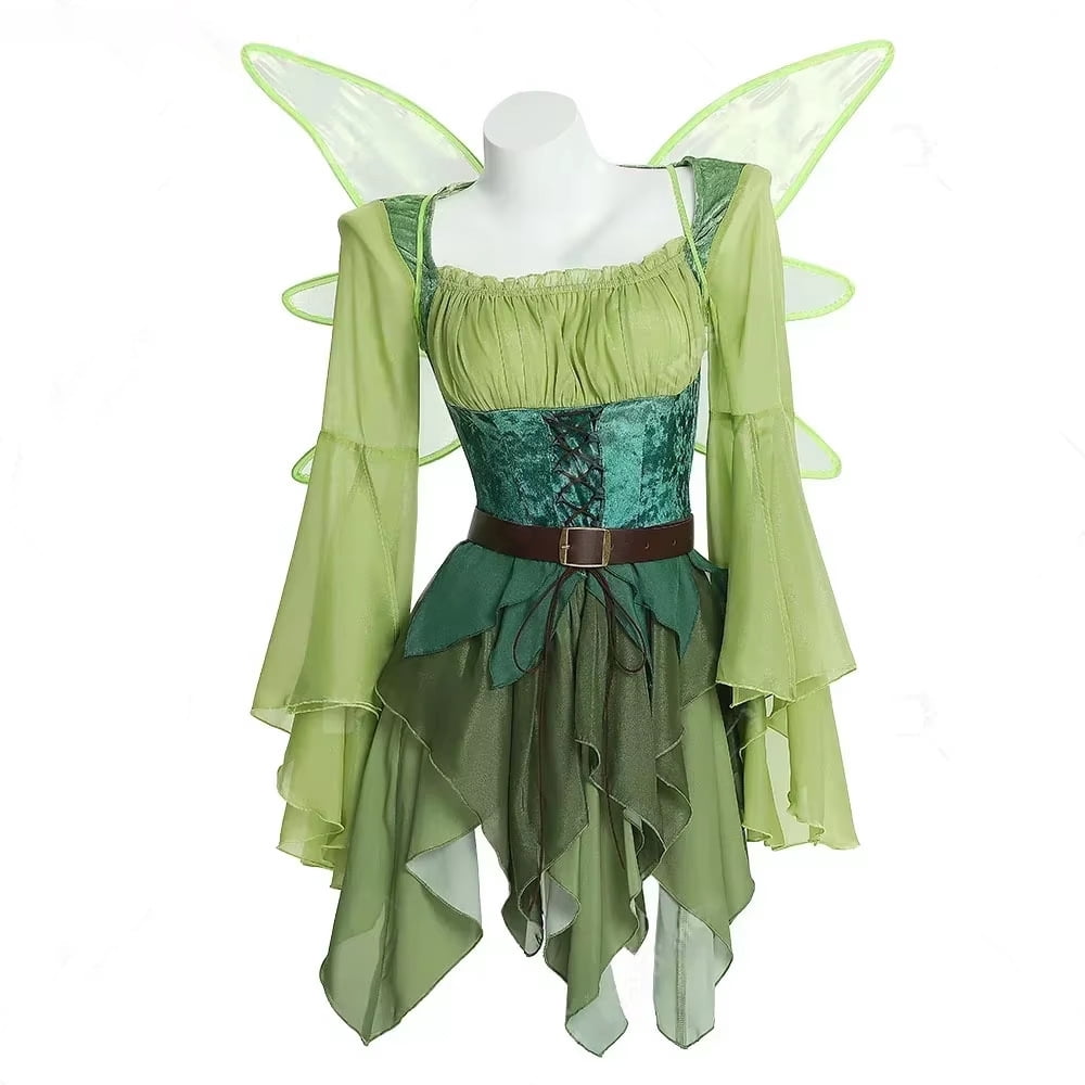 GOBWCOT Women's Elf Costume, Medieval Green Magic Elf Dress with Wings and Ears, Halloween Party Outfit Set