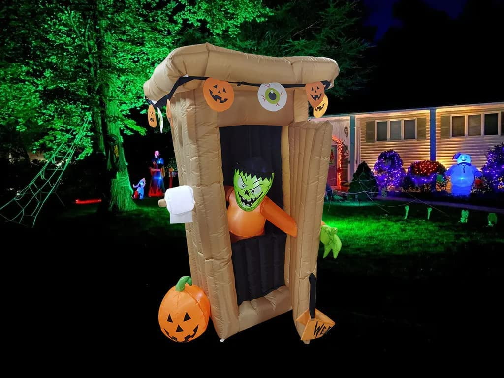 6FT Halloween Animated LED Inflatable Spooky Outhouse with Monster Holiday Yard Decoration
