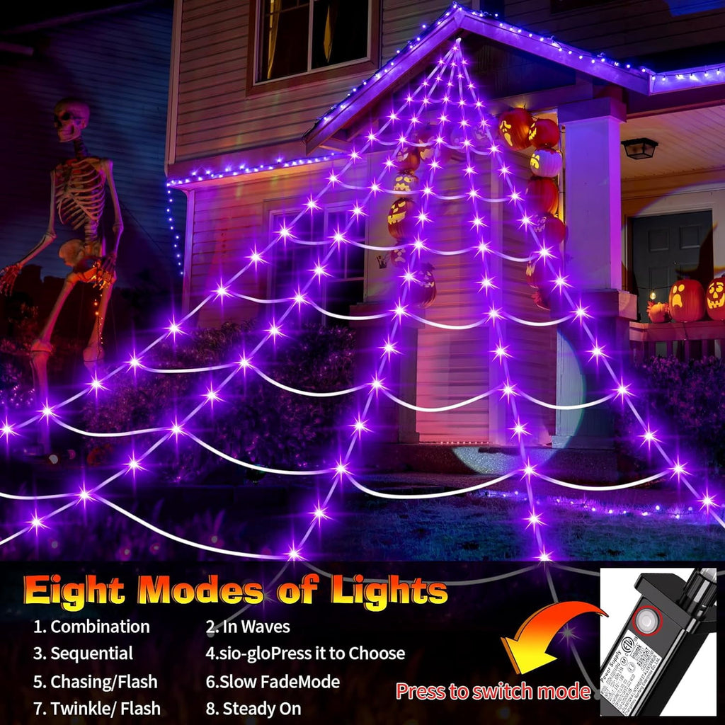 Spider Web Halloween Decorations Outdoor Lights, 200 Purple LED Light Up 16.4Ft Giant Spiderweb & 60" Large Spider & 20 Small Spiders, 8 Modes Lighted Decor for Yard Outside