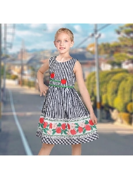 Sunny Fashion Girls Dress Sleeveless Rose Floral Butterfly Garden Party Sundress Cotton Blue 9-10 Years