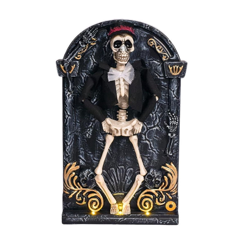 Halloween Animated Skeleton Tombstone Door Hanging Decor, Light Up Moving Skull Ornament with Warm LED, Gothic Front Door Wall Prop for Party Home