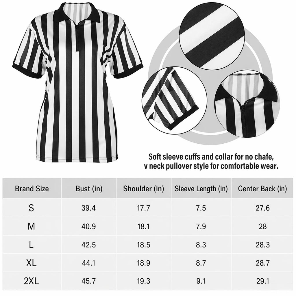 MARTINE MALL 4 Pcs Women Referee Costume Black and White Stripe Ref Shirt Jersey Shorts Referee Hat for Halloween Party Costumes Outfits