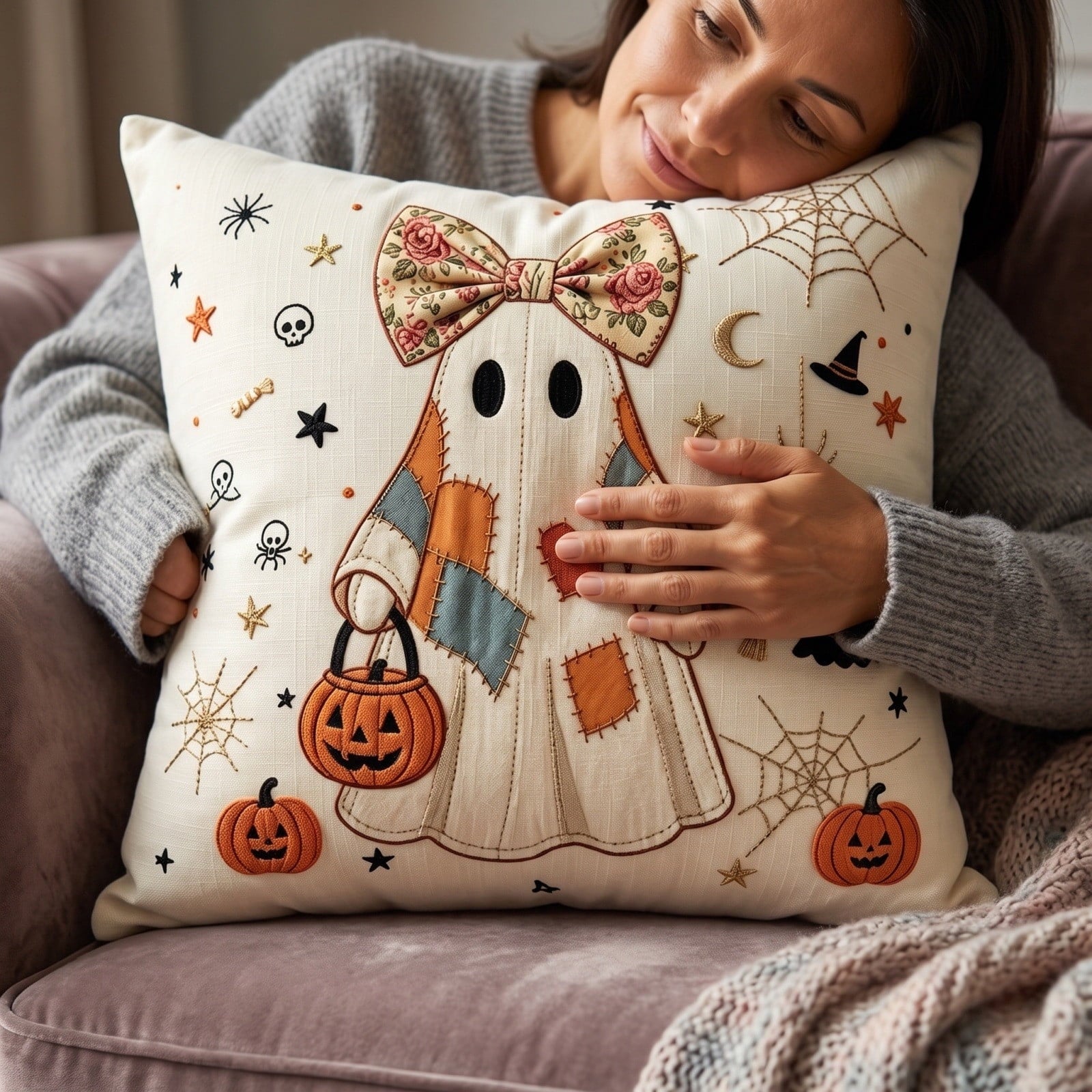 Halloween Ghost Reading Book Throw Pillow Cover, Spooky Library Bookshelf Skull Candlestick Decorative Pillowcase, Retro Halloween Cushion Cover