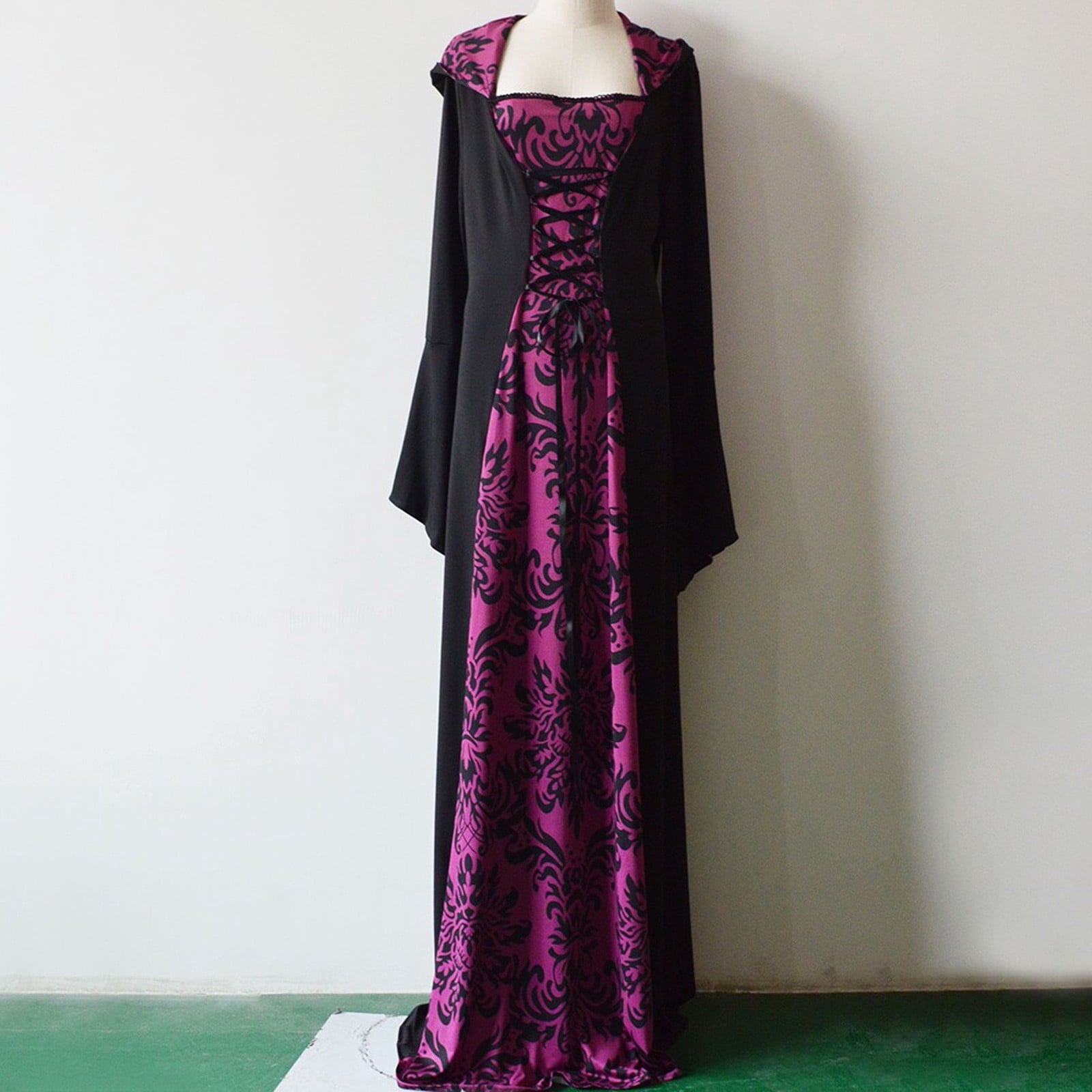 Medieval Damask Gown, Renaissance Witch Costume, Halloween Vampire Dress, Bell Sleeve Hooded Gown, Women Victorian Gothic Hooded Witch Dress Vampire Sorceress Vintage Renaissance Ball Gown, Red L