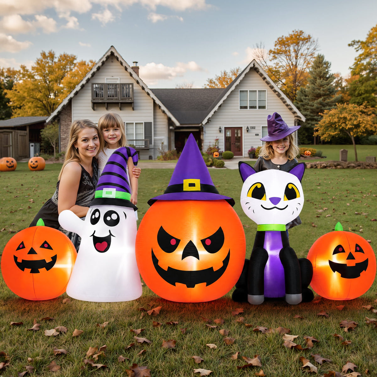 Firstness 8FT Halloween Inflatable Pumpkins Ghost Cat with Lights,Blow ups Outdoor Decorations for Yard