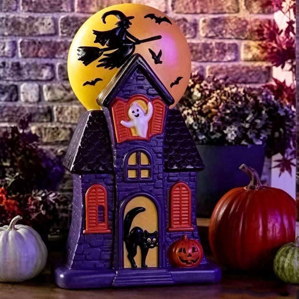 HAHUT Halloween House Blow Mold Light, Resin Pre-Lit Spooky Mansion with Glowing Witch Moon, Ghost & Black Cat for Halloween Party Tabletop Decor (Purple)
