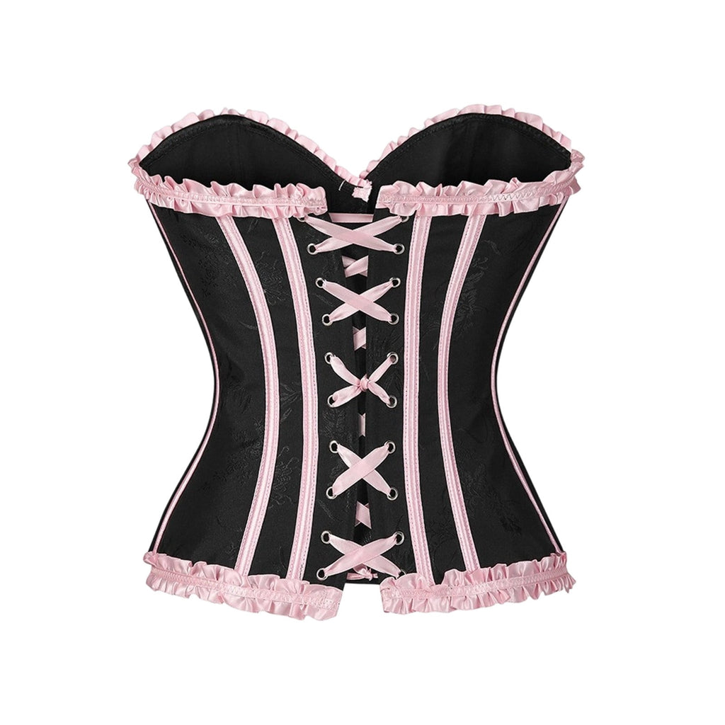 JOANKDMI Women's Chic Gothic Steampunk Corset Top with Ribbon Tie and Ruffle Trim Elegant Bustier for Pirate Roleplay and Vampire Halloween Dress Up Outfit