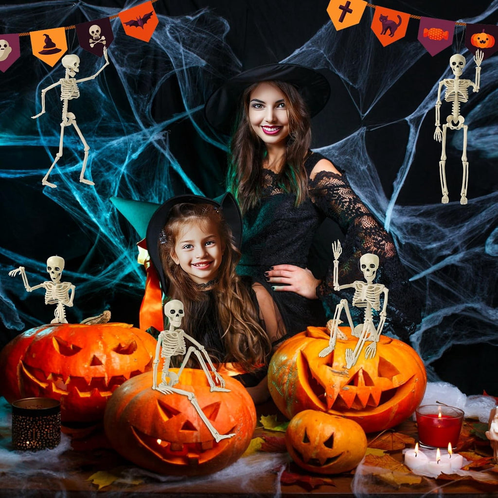 5 Pack Halloween Skeleton Decorations,15.7" Skeletons Hanging Decor with Movable Joints, Mini Plastic Skeleton for Indoor Outdoor Haunted House, Graveyard, Party and Yard Scary Decor