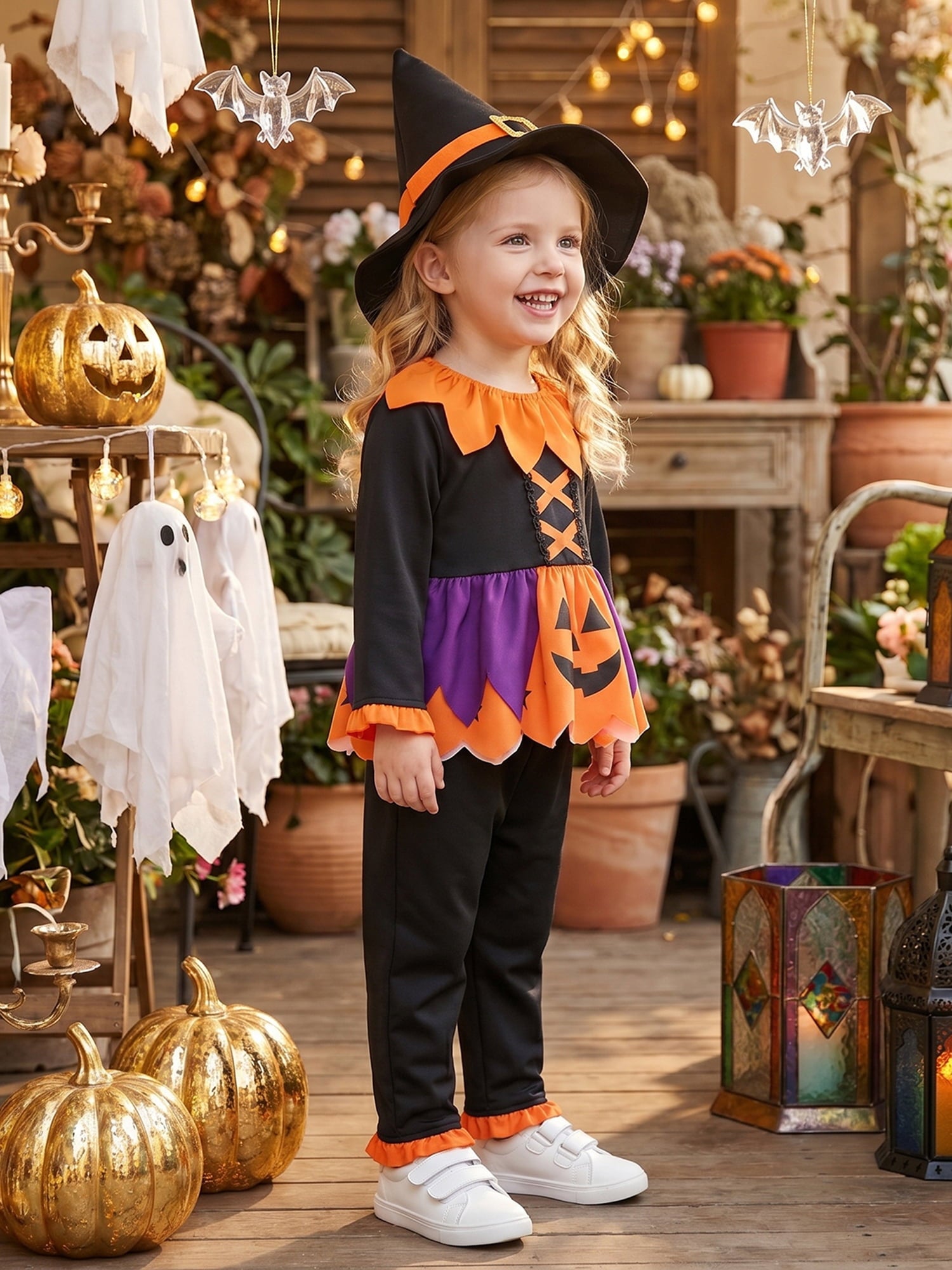RUINIXCW Toddler Baby Girl Halloween Witches Costume Kids Pumpkin Costume Infant Girl Fall Cosplay Outfit Long Sleeve Collar Babydoll Shirt and Pants Hat Set