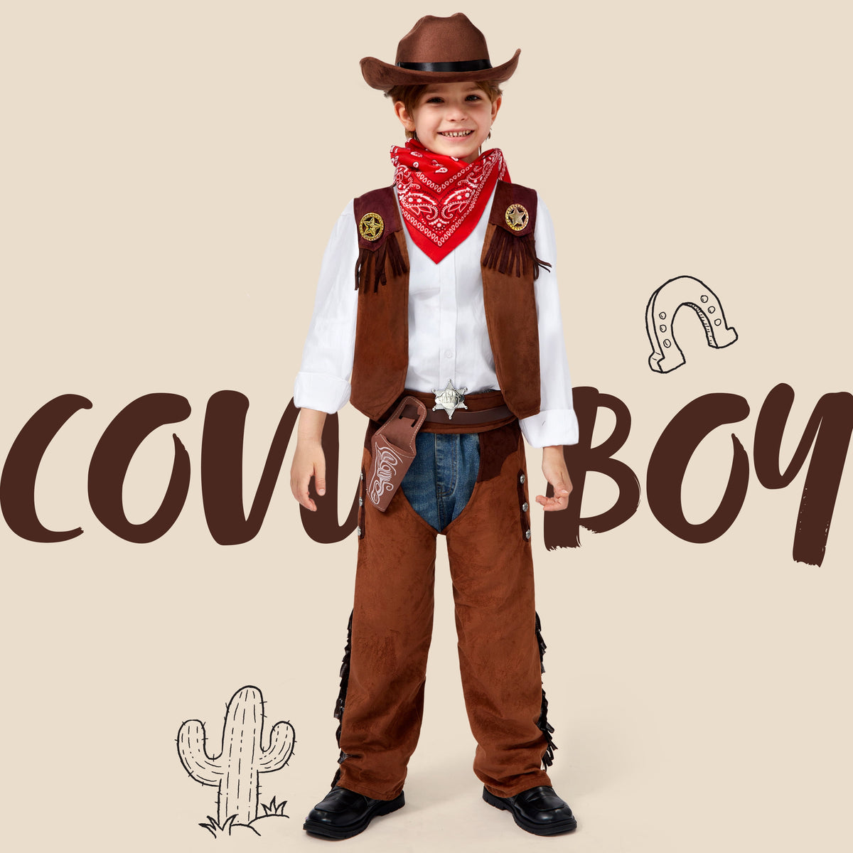 Joyfy Halloween Cowboy Costume for Boys, Kids Cowboy Costume Set, Brown Western Style Cowboy Outfit with Cowboy Hat for Toddler Dress-up Party Cosplay