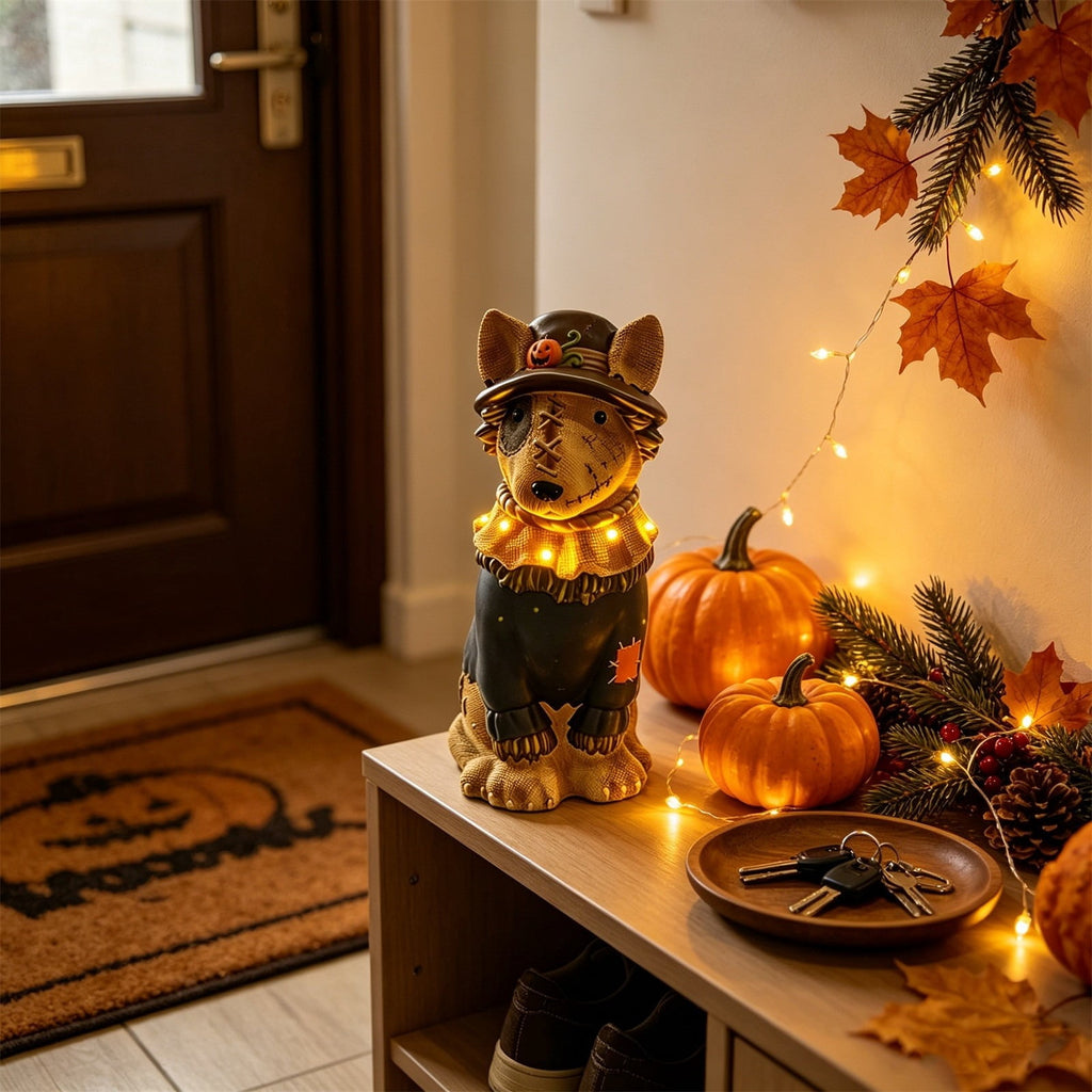 Halloween Dog Greeter - Frenchie 7.9in Resin Witch Dog with Light-Up Pumpkin, Spooky Fall Decor, Indoor Outdoor Tabletop Decoration