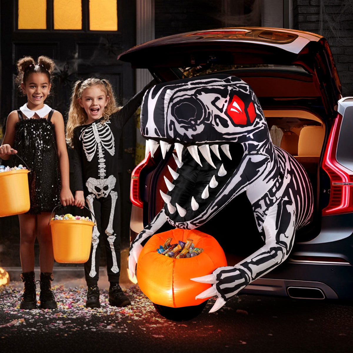 Ayieyill 3.6FT Halloween Inflatable Outdoor Decorations - Trunk or Treat Car Decorations - Halloween Blow Ups Animated Skeleton Dinosaur with LEDs for Halloween Outdoor Yard Decorations