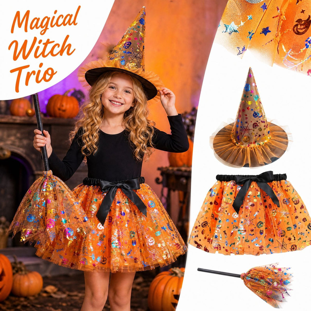 choiix Witch Tutu Skirt and Hat Set with Broomstick Halloween Costume Outfit with Printed Tulle Skirt and Witch Hat Cosplay Outfit for Party 100