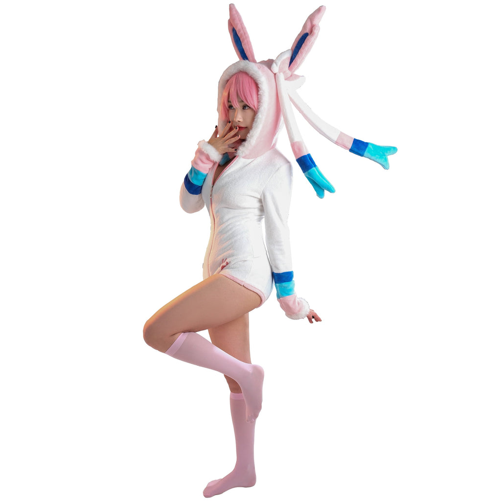 Women sexy Fluffy Hooded Bodysuit Halloween Deep V Kawaii One Piece Lingerie Rompers with Choker and Socks