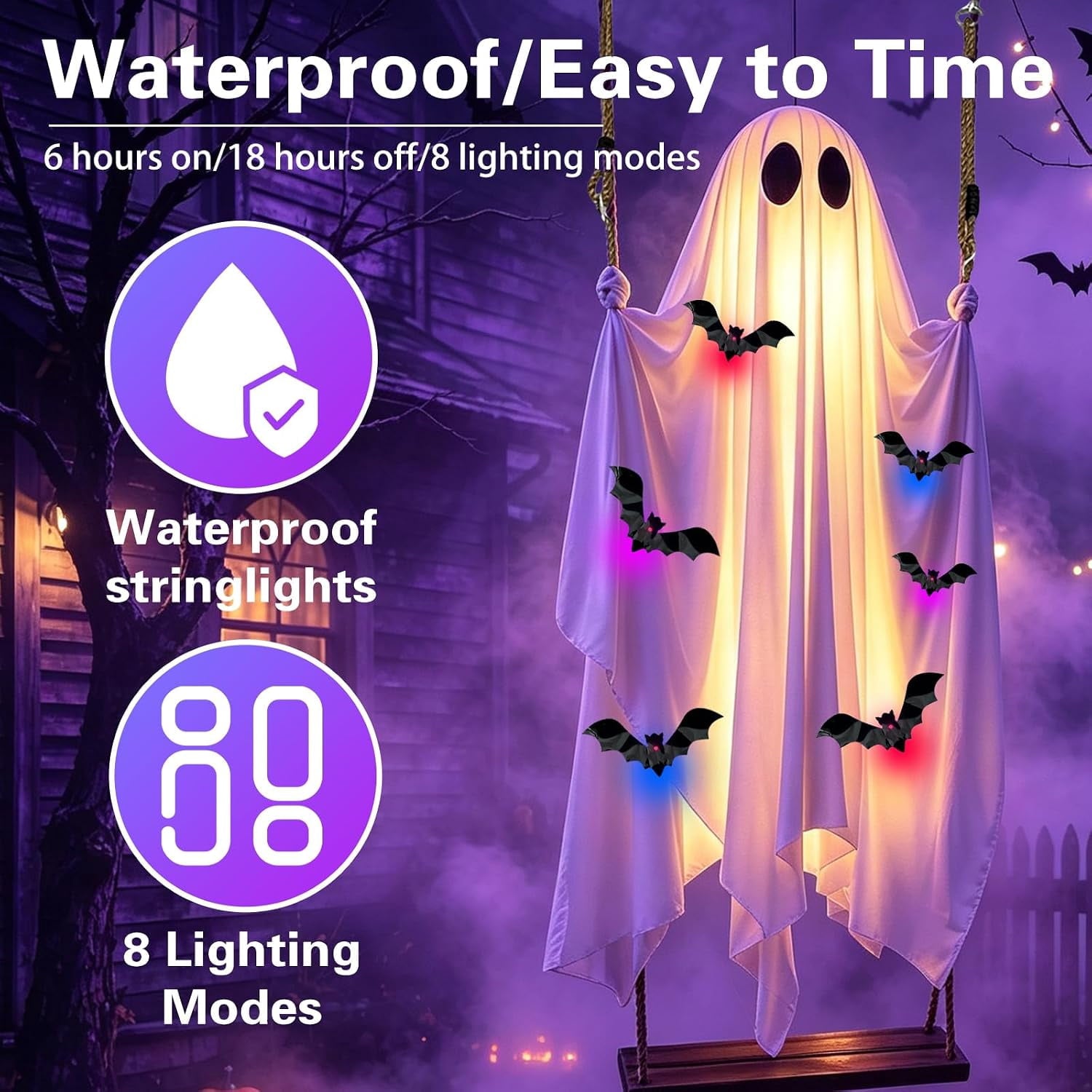 Halloween Decorations Outdoor - 5 FT Large Hanging Swing Ghost Halloween Decor with String Lights, Spooky Cute Ghosts Decorations for Front Porch Yard Tree