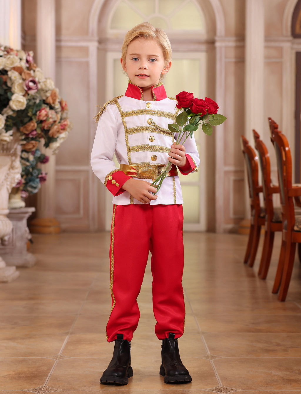 IBTOM CASTLE Boys Prince Charming Costume Halloween Cosplay Dress up Birthday Party Medieval Royal Prince Outfits for Toddler Child 3-4 Years Red 4pcs